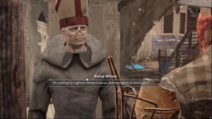The bishop is at the pulpit, which you can get to by using the ladder nearby - Fallout London: How to get to St. Pauls Sanctuary? - Transition description - Fallout London Guide
