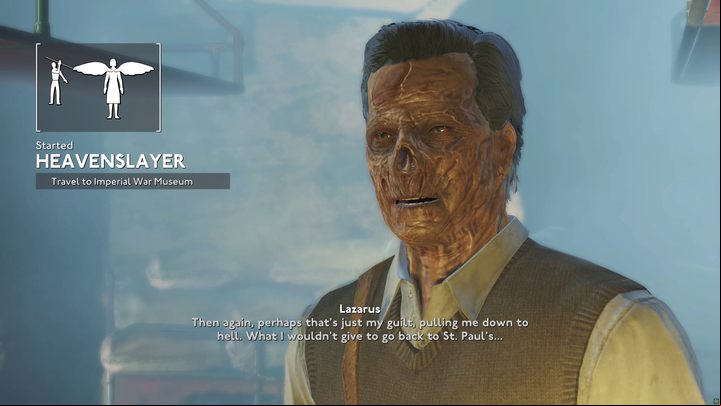 You start the Heavenslayer quest during a conversation with Lazarus, right after completing the Cold Case mission (you can read more about it on the Where to find Lazarus - Fallout London: How to get to Angel Lab? - Transition description - Fallout London Guide