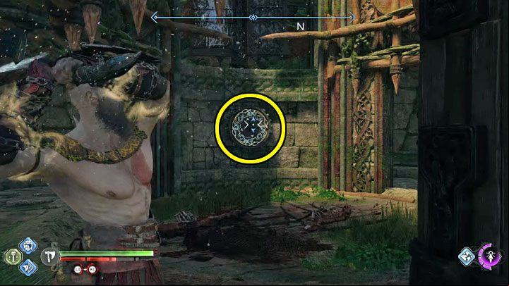 Quickly summon the axe and throw it at the circular mechanism shown in the picture - God of War Ragnarok: How to lure the drake in Vanaheim (Path of Destruction favour)? - Exploration - God of War Ragnarok Guide