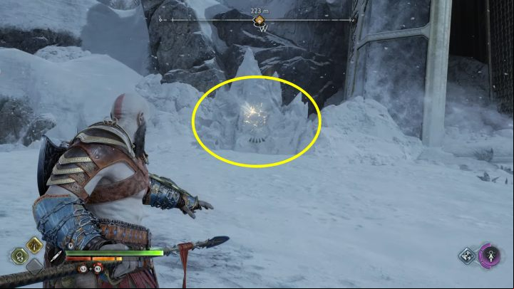 The chest is hidden behind an ice block lit in yellow - God of War Ragnarok: Lake of Nine, Midgard - secrets, collectibles - Midgard - God of War Ragnarok Guide
