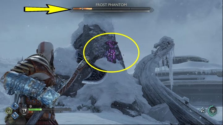 Once the ice block is crushed, a Frost Phantom will attack you - God of War Ragnarok: Lake of Nine, Midgard - secrets, collectibles - Midgard - God of War Ragnarok Guide
