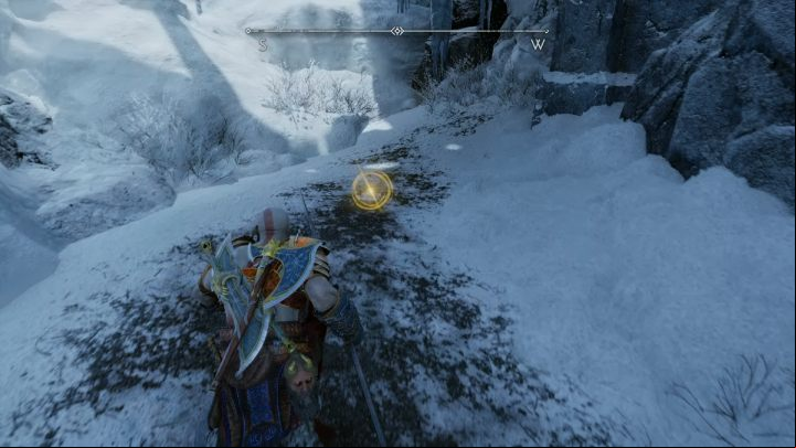 Destroy the weak point on the yellow rock and continue to the end of the path - God of War Ragnarok: Lake of Nine, Midgard - secrets, collectibles - Midgard - God of War Ragnarok Guide