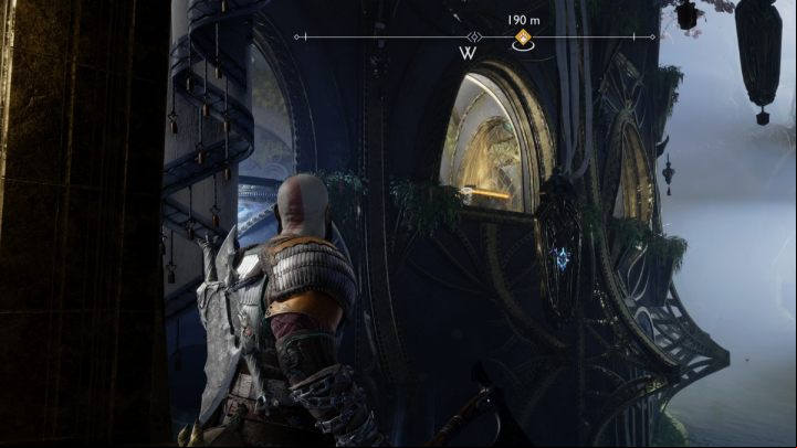 To get to the chest, you must grab the handle at the bottom of the crystal and swing it, then aim at the blue crystal on the wall next to it - God of War Ragnarok: Temple of Light, Alfheim - secrets, collectibles - Alfheim - God of War Ragnarok Guide