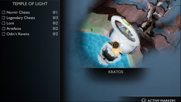 The first Odin's Raven in the Temple of Light in Alfheim is in the southern part of the building - God of War Ragnarok: Temple of Light, Alfheim - secrets, collectibles - Alfheim - God of War Ragnarok Guide