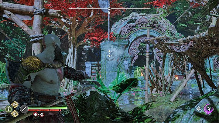 After acquiring the Draupnir Spear in the main storyline, you can throw it into holes and create rods - this will allow Kratos to grab onto them and reach distant ledges - God of War Ragnarok: Returning to the Abandoned Village in Vanaheim - Completing 100% of maps - God of War Ragnarok Guide