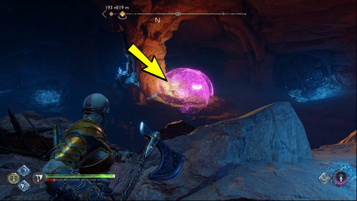 You will find the first torch on the left side of the chest - God of War Ragnarok: The Forbidden Sands, Alfheim - secrets, collectibles - Alfheim - God of War Ragnarok Guide