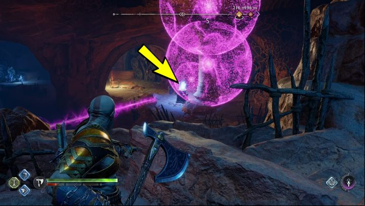 The third torch is above the second one, and is blocked by a plant sensitive to sounds - God of War Ragnarok: The Forbidden Sands, Alfheim - secrets, collectibles - Alfheim - God of War Ragnarok Guide