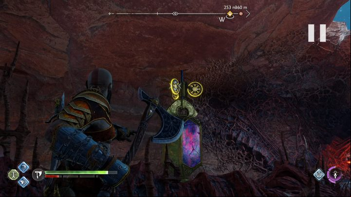 Throw the axe at the crystal on the right side of the cave and remove all 3 nodes - God of War Ragnarok: The Forbidden Sands, Alfheim - secrets, collectibles - Alfheim - God of War Ragnarok Guide