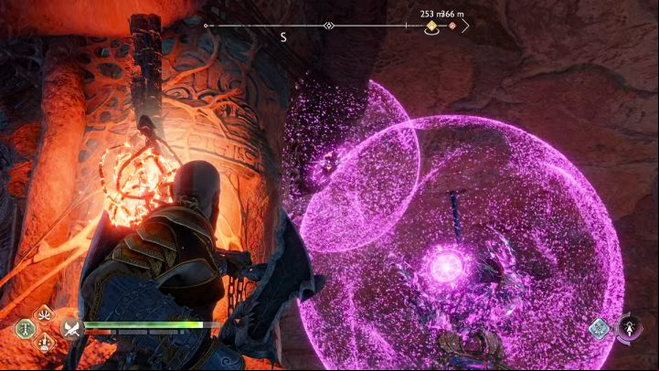 Fire a few Sigil Arrows at the node on the 2nd crystal and a few arrows at the rock next to it - God of War Ragnarok: The Forbidden Sands, Alfheim - secrets, collectibles - Alfheim - God of War Ragnarok Guide