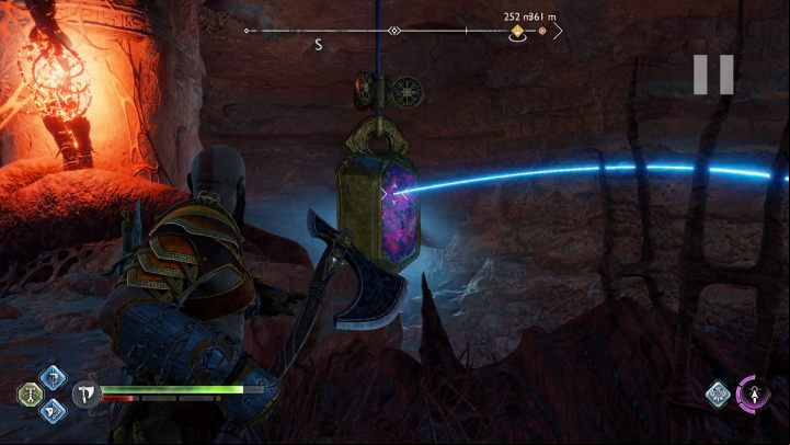 Turn the second crystal so the axe can hit the 1st crystal and rebound, removing the remaining red nodes blocking the chest - God of War Ragnarok: The Forbidden Sands, Alfheim - secrets, collectibles - Alfheim - God of War Ragnarok Guide