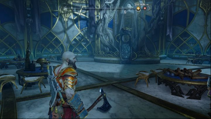 The Lore Marker is located by the statue in the main hall - God of War Ragnarok: The Forbidden Sands, Alfheim - secrets, collectibles - Alfheim - God of War Ragnarok Guide