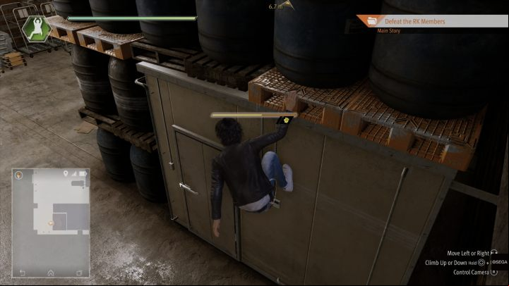 Jump up to the pipe above the air conditioner and go left until you reach the pallet between 2 barrels and climb up - Lost Judgment: Final Chapter, Darkest Before the Dawn - walkthrough - Main Storyline - Lost Judgment Guide