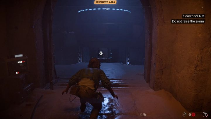 There's an elite guard on the staircase in front of you - you can either fight the guard to get the crafting materials at the top of the stairs or go to the blue-lit room next door and use the grappling hook to go further - Star Wars Outlaws: Partners - walkthrough - Tatooine - Star Wars Outlaws Guide
