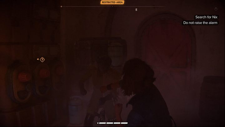 At the end of the next corridor is an enemy who is invisible from this angle without Nix's sense - if he spots you, quickly take him out in melee before he alerts the other enemies - Star Wars Outlaws: Partners - walkthrough - Tatooine - Star Wars Outlaws Guide