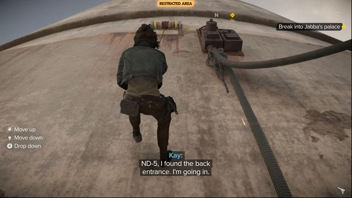 After making your way through the enemies and reaching the tower wall, use the grappling hook to pull yourself up to enter Jabba's palace - Star Wars Outlaws: Partners - walkthrough - Tatooine - Star Wars Outlaws Guide