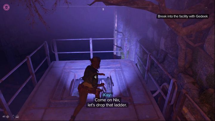 During the platforming sequence in front of the factory, to lower the ladder for Gedeek and ND-5 who are standing behind - Star Wars Outlaws: Legacy - walkthrough - Epilogue - Star Wars Outlaws Guide