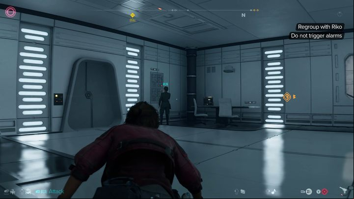 Incapacitate the officer in the next room, then carefully lean out into the corridor - Star Wars Outlaws: Truth - walkthrough - Epilogue - Star Wars Outlaws Guide