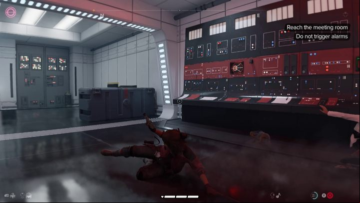 After exiting the elevator, wait for the officer and one of the stormtroopers to exit the hallway - Star Wars Outlaws: Truth - walkthrough - Epilogue - Star Wars Outlaws Guide