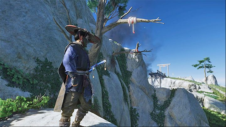 The grapple hook can be used on white or white and red interactive hook points - the picture shows an example - Ghost of Tsushima: How to get Grapple Hook? - Character development and equipment - Ghost of Tsushima Guide, Walkthrough