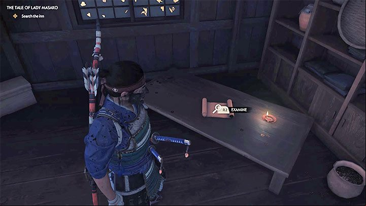 There are 4 objects in the inn that can be examined, the most important of which is the scroll from the above picture - List of Conspirators - Ghost of Tsushima: The Tale of Lady Masako walkthrough - Act 1 - Ghost of Tsushima Guide, Walkthrough