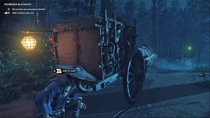 Once you reach the town, you have to go to the back of the cart and interact with it - Ghost of Tsushima: The Broken Blacksmith walkthrough - Act 1 - Ghost of Tsushima Guide, Walkthrough