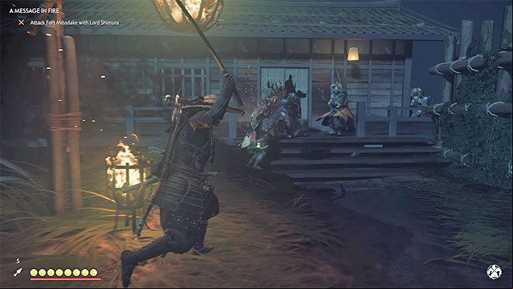 Watch out for the archers who appear on the balconies to the left - Ghost of Tsushima: A Message In Fire walkthrough - Act 2 - Ghost of Tsushima Guide, Walkthrough