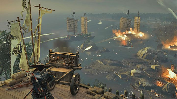 Now focus on shelling and sinking of large Mongolian ships - aim primarily at the red barrels visible on their decks - Ghost of Tsushima: A Message In Fire walkthrough - Act 2 - Ghost of Tsushima Guide, Walkthrough