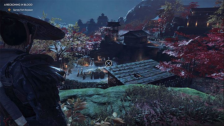 You have to reach the hill adjacent to Koyasan Fort, locate the interactive area and do a reconnaissance - Ghost of Tsushima: A Reckoning in Blood walkthrough - Act 2 - Ghost of Tsushima Guide, Walkthrough
