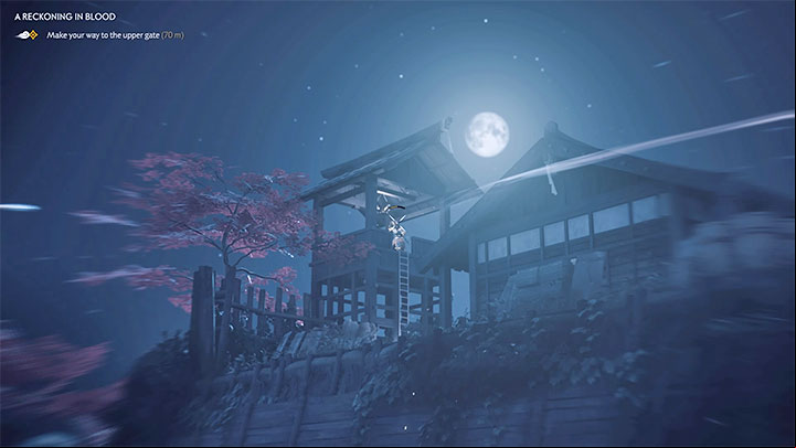 Reach the upper gate by using the staircase visible in the distance - Ghost of Tsushima: A Reckoning in Blood walkthrough - Act 2 - Ghost of Tsushima Guide, Walkthrough
