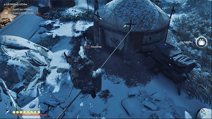 Opponents from the encampment can also be attacked from behind or you can simply sneak past them - the latter option requires you to walk along a hanging line leading to the roof of the tent - Ghost of Tsushima: A Gathering Storm walkthrough - Act 3 - Ghost of Tsushima Guide, Walkthrough