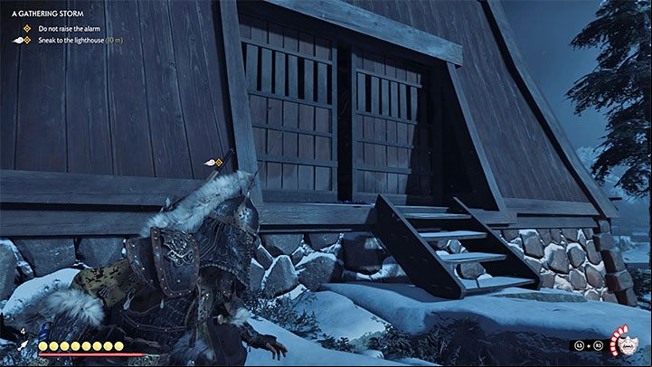 After getting close enough to the lighthouse, wait until two guards stop at the main entrance - Ghost of Tsushima: A Gathering Storm walkthrough - Act 3 - Ghost of Tsushima Guide, Walkthrough
