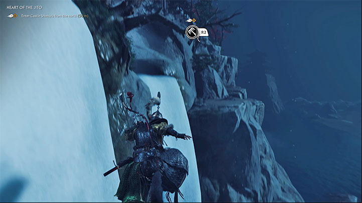 This part is not very complicated, although it involves using the grapple hook to reach the rock ledge on the other side of the waterfalls - Ghost of Tsushima: Heart of the Jito walkthrough - Act 3 - Ghost of Tsushima Guide, Walkthrough