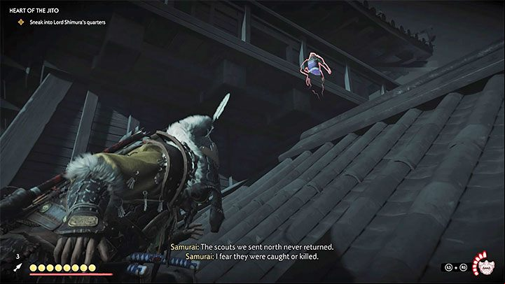 Look for two new ladders leading to the roof of the castle, but watch out for a single guard - Ghost of Tsushima: Heart of the Jito walkthrough - Act 3 - Ghost of Tsushima Guide, Walkthrough