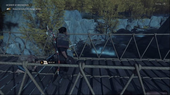 Once youre sure youve eliminated all the enemies, go to the man on the bridge - Ghost of Tsushima: Incident at Hiyoshi walkthrough, Tales of Tsushima - Other tales - Ghost of Tsushima Guide, Walkthrough