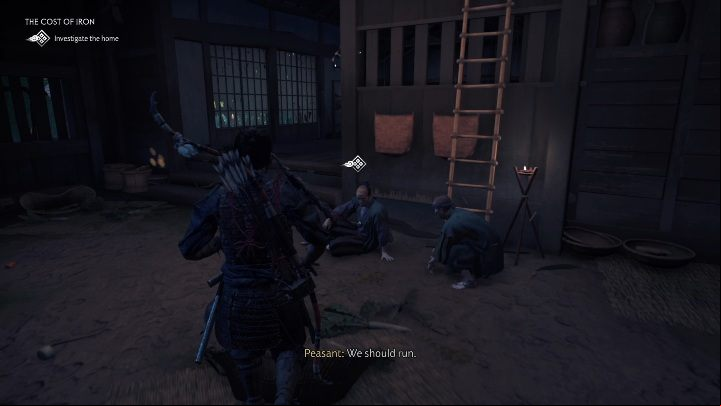 After reaching the starting point of this mission, enter the house and talk to the two men - Ghost of Tsushima: The Cost of Iron walkthrough, Tales of Tsushima - Other tales - Ghost of Tsushima Guide, Walkthrough