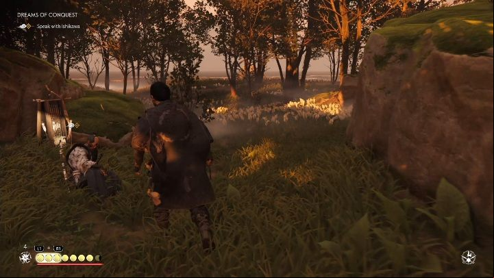 After defeating the entire group of opponents, run to the man and talk to him - Ghost of Tsushima: Dreams of Conquest walkthrough, An Ishikawa Tale - An Ishikawa Tale - Ghost of Tsushima Guide, Walkthrough