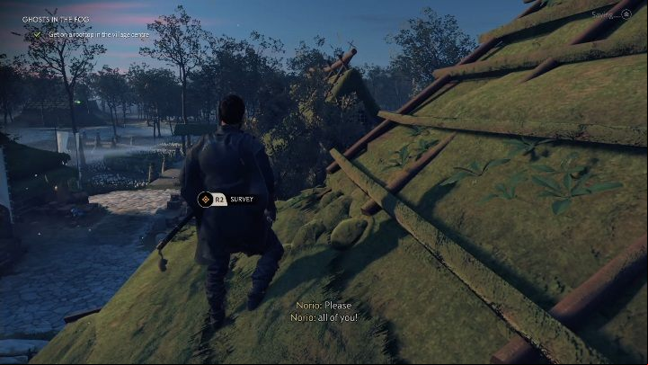 After talking to the monk and his brother, you have to climb up to the roof and observe the surroundings from there - Ghost of Tsushima: Ghosts in the Fog walkthrough, A Norio Tale - A Norio Tale - Ghost of Tsushima Guide, Walkthrough