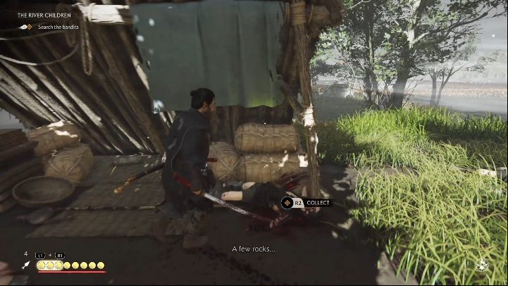 By following the tracks you will reach the bandit camp - Ghost of Tsushima: The River Children walkthrough, Tales of Tsushima - Other tales - Ghost of Tsushima Guide, Walkthrough