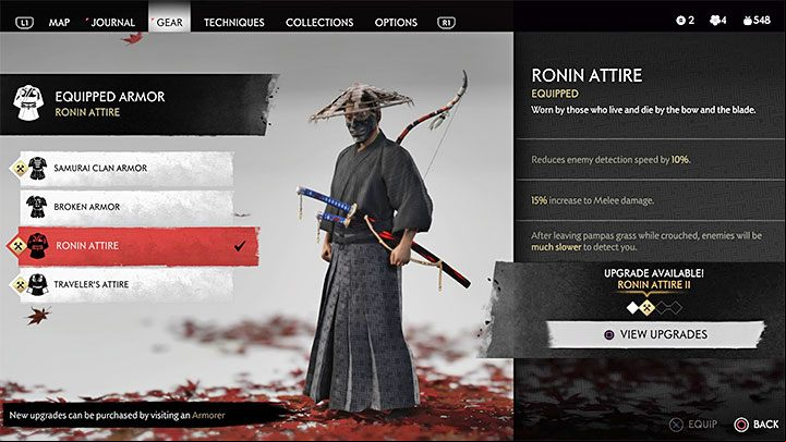 Ronin Attire, which you can acquire by completing one of the campaigns initial main quests - Blood on the Grass - can help a lot in avoiding detection - Ghost of Tsushima: Ghost style - Stealth - Basics - Ghost of Tsushima Guide, Walkthrough