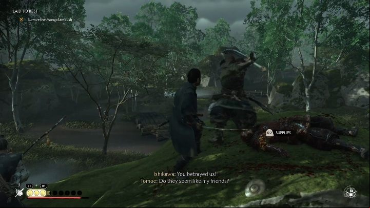 The conversation will be interrupted by opponents - Ghost of Tsushima: Laid to Rest walkthrough, An Ishikawa Tale - An Ishikawa Tale - Ghost of Tsushima Guide, Walkthrough