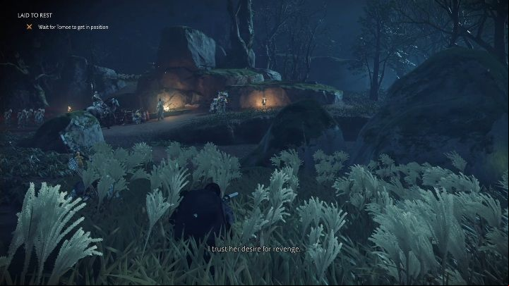 You can come out of the shadows once Tomoe is done with her part - Ghost of Tsushima: Laid to Rest walkthrough, An Ishikawa Tale - An Ishikawa Tale - Ghost of Tsushima Guide, Walkthrough