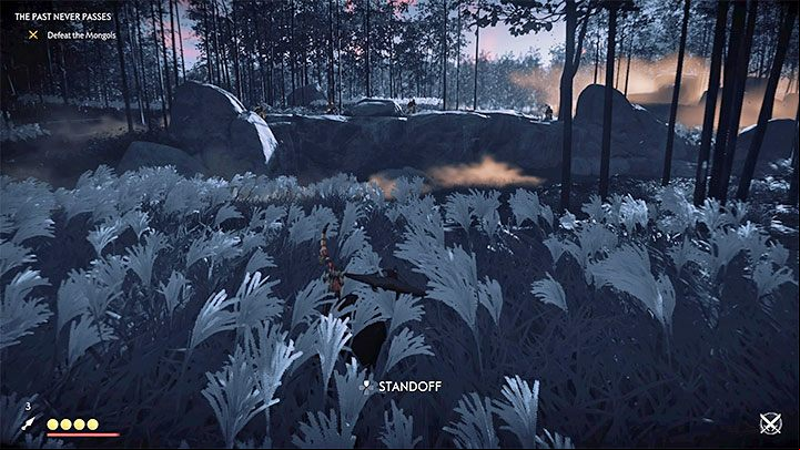 A good way to start a battle is to use standoff - Ghost of Tsushima: Samurai style - Direct combat - Basics - Ghost of Tsushima Guide, Walkthrough