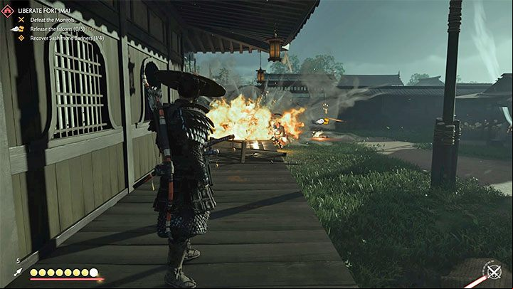 Jin also has various gadgets to help him fight at a distance - Ghost of Tsushima: Samurai style - Direct combat - Basics - Ghost of Tsushima Guide, Walkthrough
