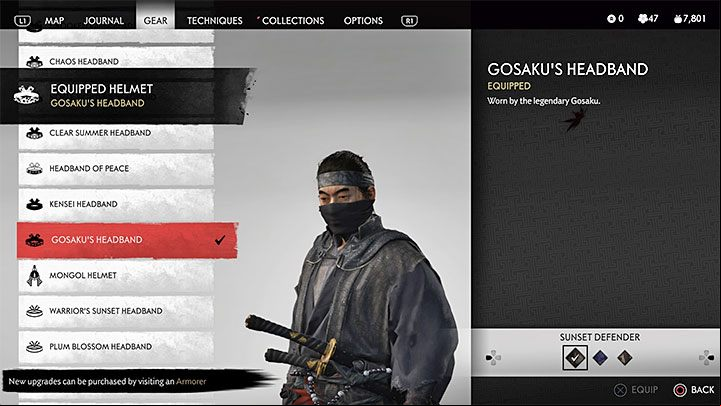 Gosakus Headband with selected Sunset Defender dye - Ghost of Tsushima: Is Ninja Warrior outfit? - Character development and equipment - Ghost of Tsushima Guide, Walkthrough