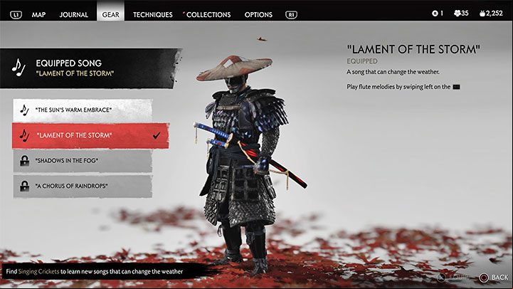 Open the equipment menu and select the flute - this will open the melody selection window - Ghost of Tsushima: What is playing the flute for? - World exploration - Ghost of Tsushima Guide, Walkthrough
