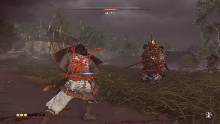 It is worthwhile to protect yourself before entering the boss area and recharge your Resolve (represented by the yellow circles above the health bar) - Ghost of Tsushima: How to beat Altan? Video guide - Side quests - Ghost of Tsushima Guide, Walkthrough