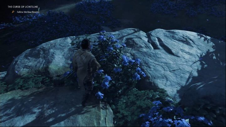 Your first objective is to find an area with blue flowers - Ghost of Tsushima: The Curse of Uchitsune walkthrough, Mythical Tales, video - Mythic Tales - Ghost of Tsushima Guide, Walkthrough