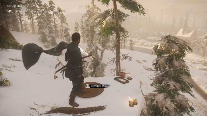 This spot for Haiku is in a snowy forest, on a small rock - Ghost of Tsushima: Haiku, Kamiagata Region secrets map, video guide - Kamiagata Region - Ghost of Tsushima Guide, Walkthrough