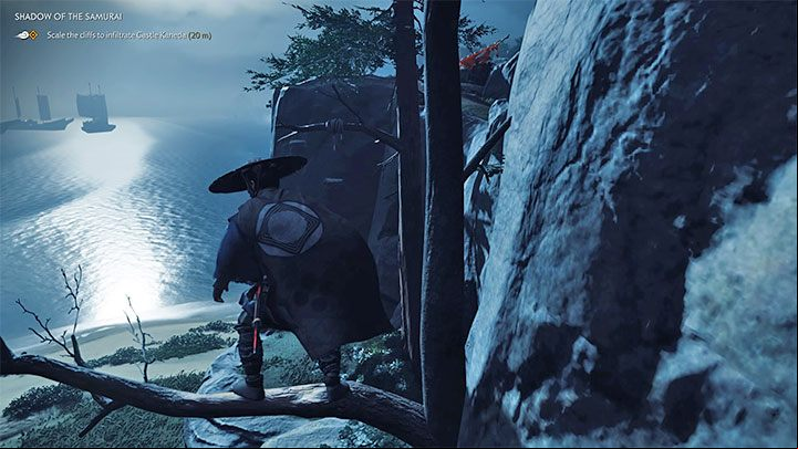 Head towards the cliff adjacent to the castle and begin the climb - Ghost of Tsushima: Shadow of the Samurai walkthrough, video guide - Act 1 - Ghost of Tsushima Guide, Walkthrough