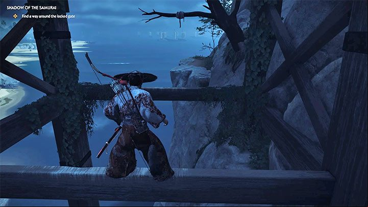 Jump to the first wooden , then to the second and perform a jump combined with pressing R2 to catch the hook with your Grapple Hook - Ghost of Tsushima: Shadow of the Samurai walkthrough, video guide - Act 1 - Ghost of Tsushima Guide, Walkthrough